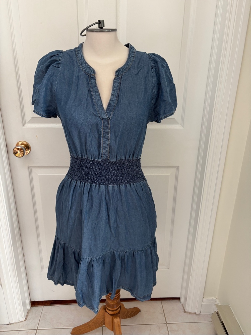 Women’s Denim Blue Smocked Waist Short Sleeve Dress
